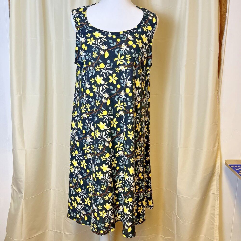 J for Justify 1X Black Yellow Floral Sleeveless Swing Dress Plus Size Stretch